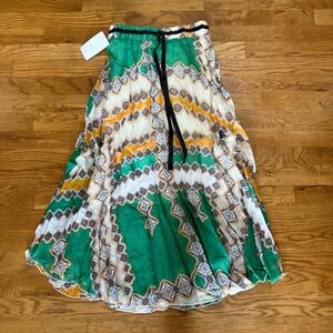 Green Patterned Maxi Skirt‎ Elastic Waist Drawstring Bohemian Style Small